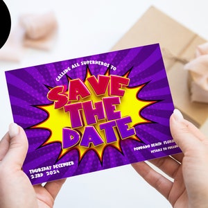 Superhero Party Save the Date Invitation Printable Comic Invite Purple Instant Download Editable digital File  Corjl Template CM89