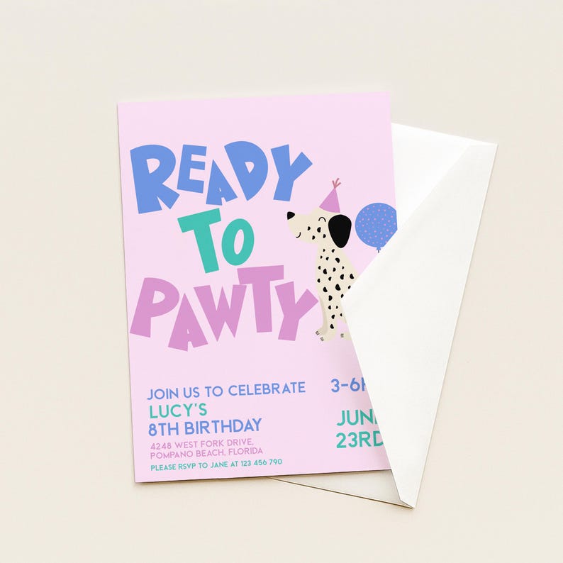 Dog Birthday Invite Editable Dalmatian Puppy Party Card: Pink Cute Design, Corjl Template | Printable, Any Age | 5x7 Inches image 7