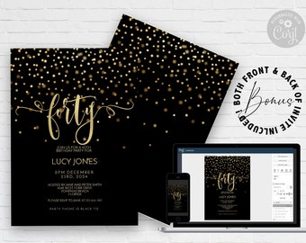 Editable 40th Birthday party Invitation 40th Invite Gold Glitter Instant Download Editable template Corjl Invitation