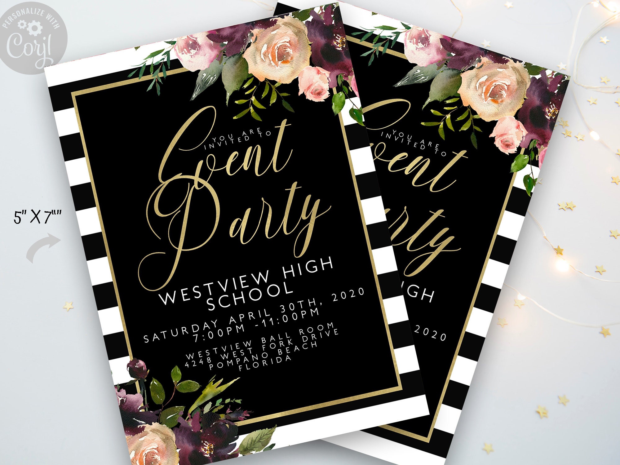 Editable Event Invitations Flower and Stripe Prom Invitation | Etsy