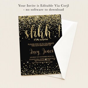 The image is a birthday invitation for Lucy Jones celebrating her 40th birthday. The invitation is black with gold glitter and has a white envelope attached to it.