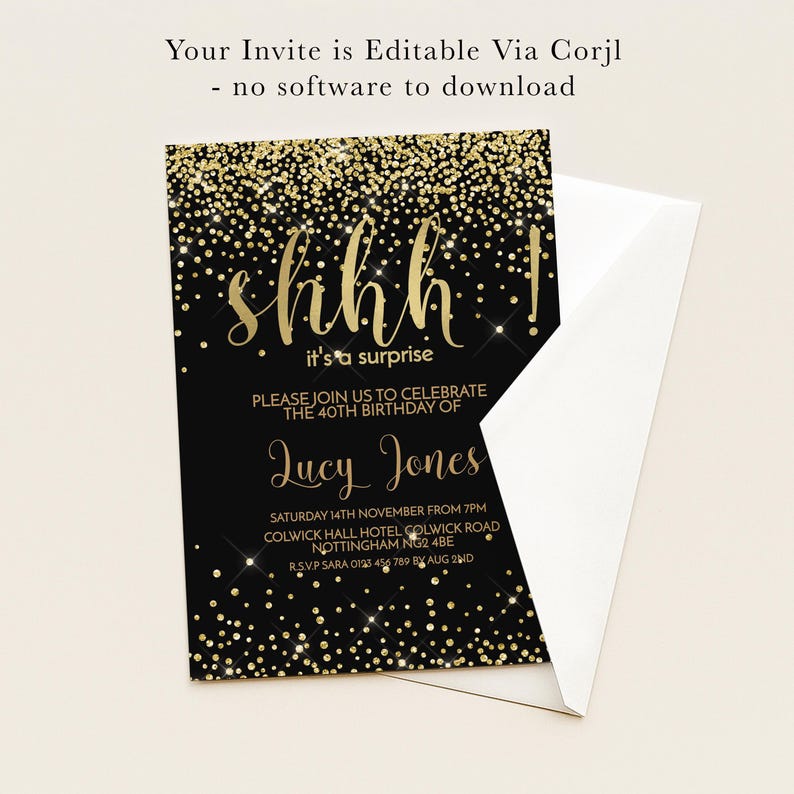 The image is a birthday invitation for Lucy Jones celebrating her 40th birthday. The invitation is black with gold glitter and has a white envelope attached to it.