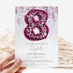 Convite de aniversário editável com balão de leopardo rosa, convite para festa de menina, 8º aniversário com estampa animal, modelo digital, download instantâneo Corjl
