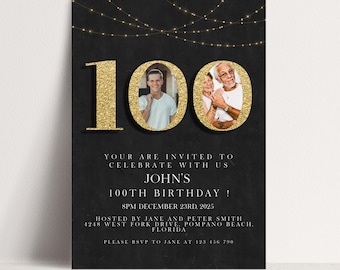 100th Birthday Invitation Editable Photo Invite: Black Gold Elegant Design | Instant Download, Printable, Customizable | Digital Template