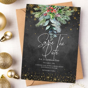 Save the Date Christmas Party Invitation Editable Template Holiday Christmas Chalkboard Invite ...