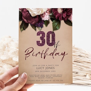 Invito floreale bordeaux per il 30° compleanno di una donna, invito glitterato modificabile, modello elegante per feste, download immediato, Corjl