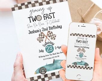 Editable Two Fast Birthday Invitation Racing Car 2nd Birthday Invite Blue Race Car Vintage Printable Template Instant Download RC28