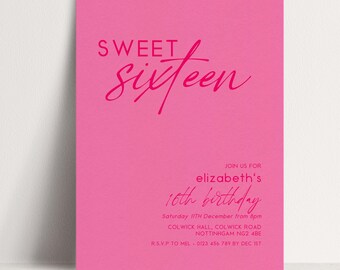 Sweet 16 Birthday Invitation Template, Bright Bold Pink Printable Template 16th Party Editable Digital Download