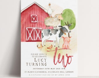 Farm Animals 2nd Birthday Invitation Editable, Barnyard Theme, Gender Neutral (Digital Download, Corjl Template, 5x7 Inches)