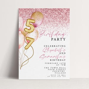 Geschwister-Geburtstags-Einladungsvorlage - Rosa Gold Glitter-Ballons Bearbeitbar Einladen - Digital Download, Printable 5 x 7, Party Decor