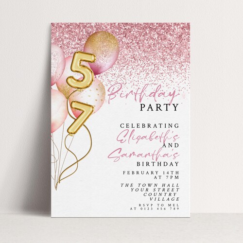 Modèle d'Invitation d'anniversaire de frère et de soeur - Invitation modifiable de ballons de paillettes d'or rose - téléchargement numérique, imprimable 5 x 7, décoration de fête