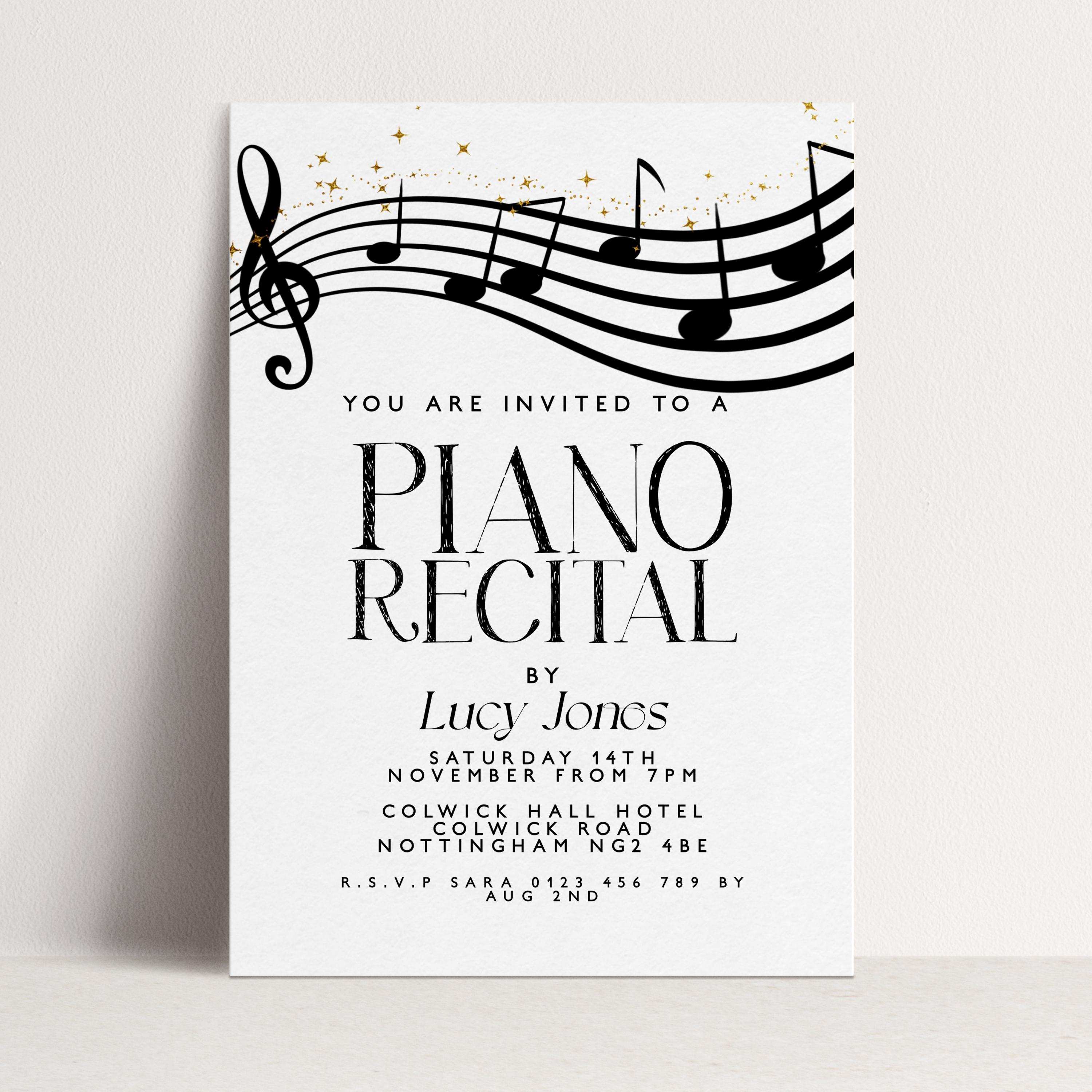 Recital Card Invitation: Elegant Black and White Piano Design