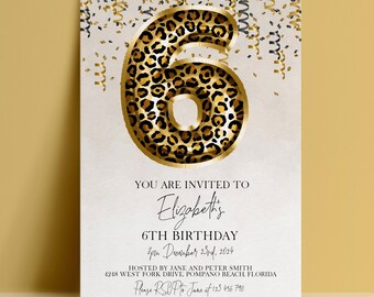Invito di compleanno per bambina con stampa leopardata e glitter oro glamour (download digitale modificabile, 5x7 pollici, stampabile fai da te)