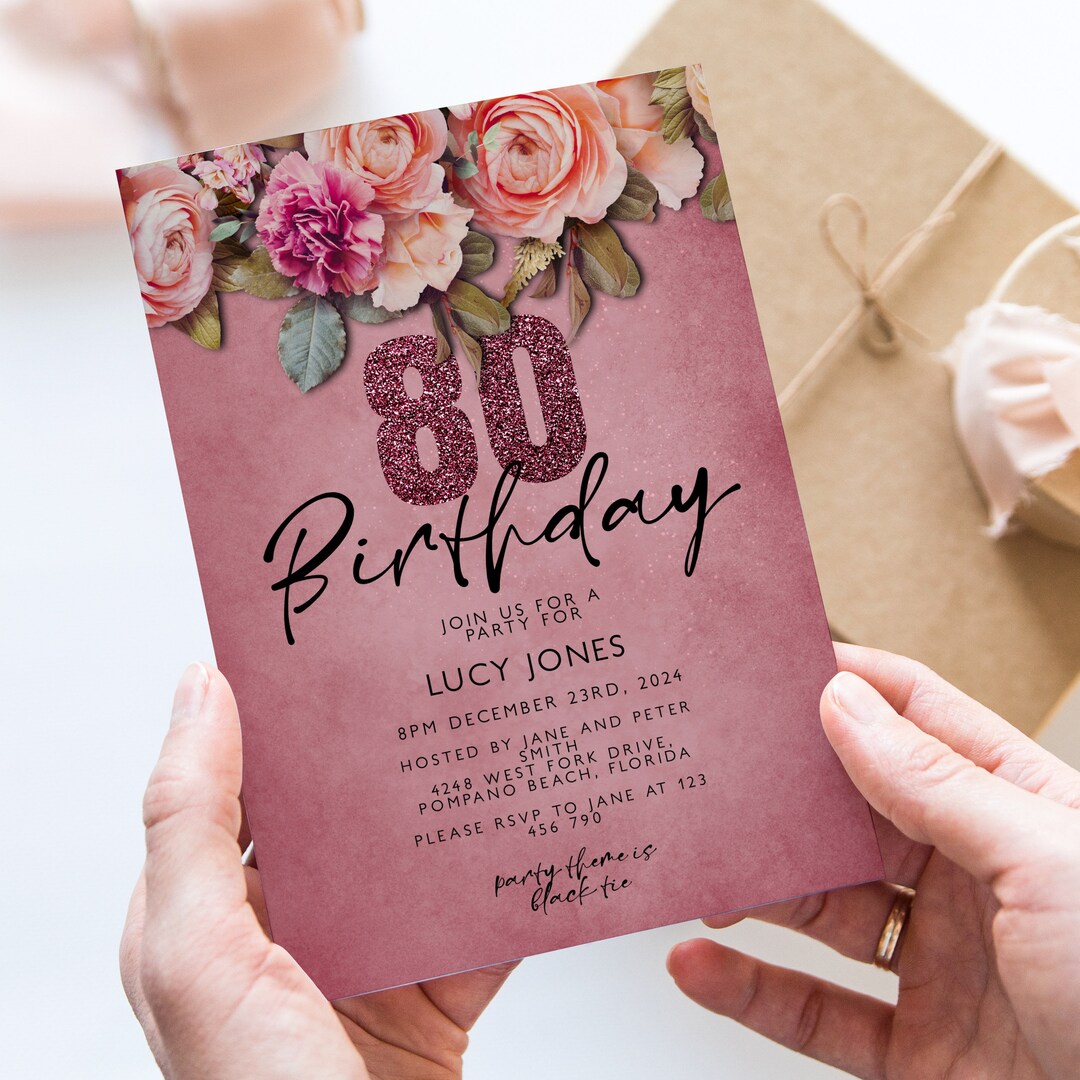80th Birthday Invitation Template Editable Floral Birthday Pink Roses
