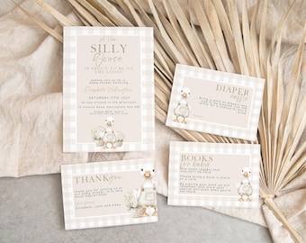 Silly Goose Baby Shower Set: Beige Gingham Theme - Editable Corjl Templates, Gender Neutral, Printable Invitation Bundle