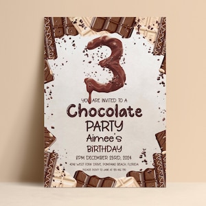 May include: A rectangular invitation with a chocolate theme. The invitation features a large chocolate-colored number 3, the words "Chocolate PARTY", and details for Aimee's birthday on December 23rd, 2024. Chocolate bar illustrations frame the text.