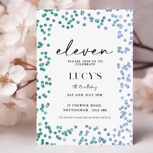 Girl Birthday Invitation Printable 11th Birthday Party For Her Invite Editable Template Pastel Glitter Blue Decor Instant Download Eleven