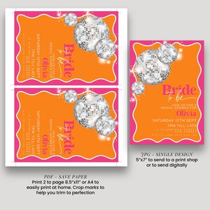 a collage of three different designs for a "Bridal Shower for Olivia" invitation. The designs feature a vibrant orange background with silver disco balls and text inviting guests to "Join us for a Bridal Shower for Olivia". The designs include a single page design and a larger print design, both of which are described as "Save Paper" and "Print 2 to page 8.5"x11" or A4 to easily print at home.