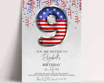 Invito per il 9° compleanno a tema patriottico: palloncini con bandiera USA, design rosso, bianco e blu / Modello digitale modificabile, festa per bambini, 5x7 pollici