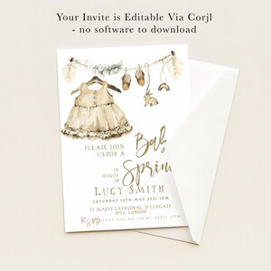 The image is a baby shower invitation featuring a dress and baby-related items, with a note that the invitation is editable via Corjl and no software to download.