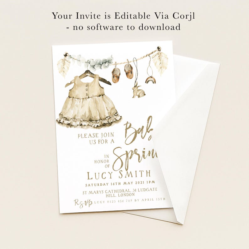 The image is a baby shower invitation featuring a dress and baby-related items, with a note that the invitation is editable via Corjl and no software to download.