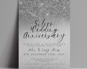 25th Anniversary Invitation Template: Silver Wedding Party - Editable Digital Download, Printable, 5x7 Card Size