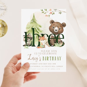 Woodland Three Birthday Invitation 3rd Woodland Animals Birthday Printable Invitation Forest Animals Party Invitation Template WD56