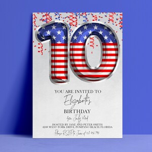 Könnte beinhalten: Eine Geburtstagseinladung mit einer großen 10 in Rot, Weiß und Blau, die an die amerikanische Flagge erinnert. Der Text lautet: "Sie sind eingeladen zu Elizabeths Geburtstag 20 Uhr am 23. Juli". Konfetti und Luftschlangen schmücken die Oberseite.