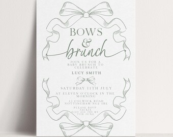 Uitnodiging babyshower strikken en brunch: bewerkbare groene brunchuitnodiging, elegant lintontwerp | Afdrukbare corjl-sjabloon, 5 x 7 inch
