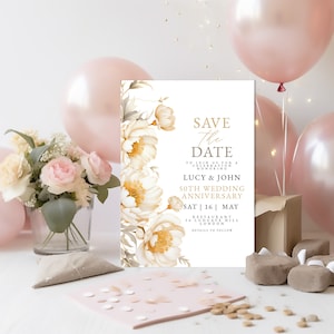Invitación editable para guardar la fecha del aniversario de bodas, invitación imprimible para el aniversario de bodas de oro, plantilla de invitación floral en color crema y dorado