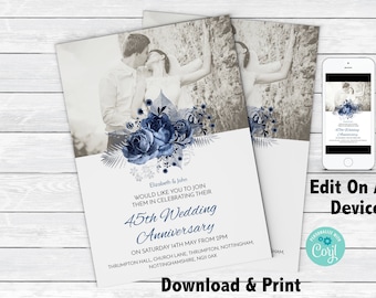 45th Anniversary Invitation Sapphire Wedding       Instant Download  Printable