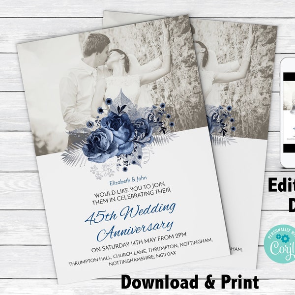 45th Anniversary Invitation Sapphire Wedding       Instant Download  Printable
