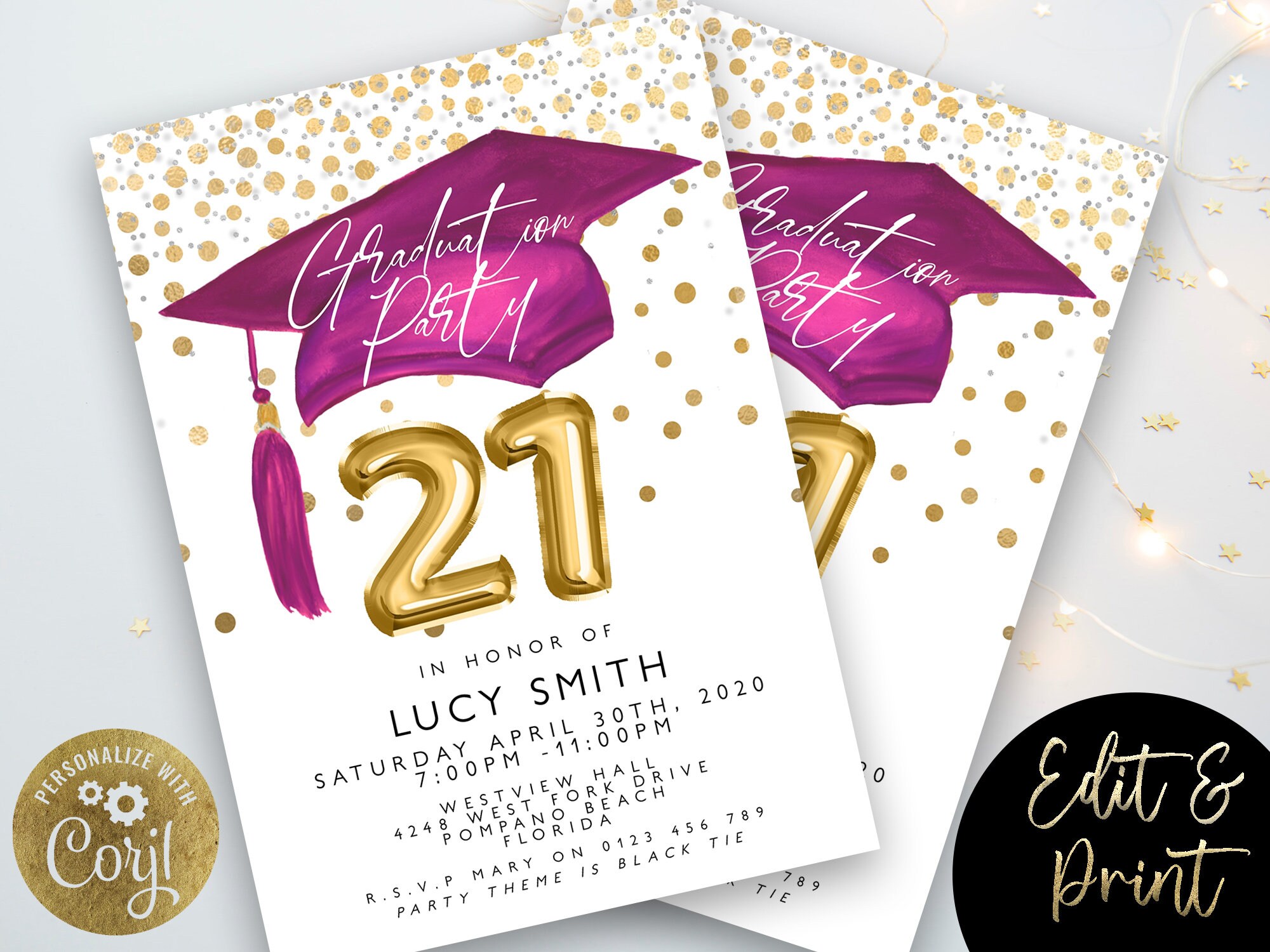 Gold Graduation Custom Invite Colorful Lights Graduation Party