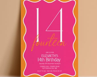 14th Birthday Invitation Template Pink Orange 14th Party Printable Template, Teen Invite, Editable Digital Download