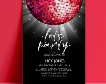 Birthday Party Invitation, Editable Red Disco Ball Black Tie Lets Party Invite, Digital Download, Printable Template, Any Age