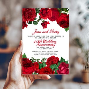 Convite elegante para 40º aniversário de casamento com rosas vermelhas, modelo editável, perfeito para celebrações, design digital personalizável