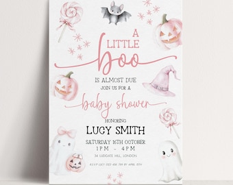 Invitación para baby shower con temática de Halloween: Diseño de fantasma rosa, plantilla editable de Corjl / Estilo tierno y espeluznante, 5x7 pulgadas