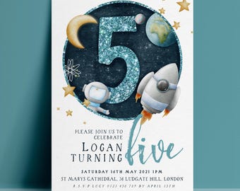 Space 5th Birthday Invitation Template, Astronaut Rocket Editable Invite, Galaxy Digital Download, Boys Kids Printable Card