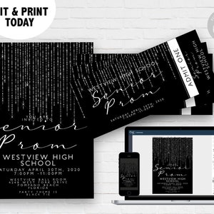 Prom Einladungen und Tickets Prom Einladung Award Night Invite Event Invite Tickets Silber Glamour Printable Bearbeitbar Sofort Download