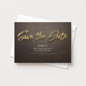 A black and white invitation card with gold text and details about a retirement event.