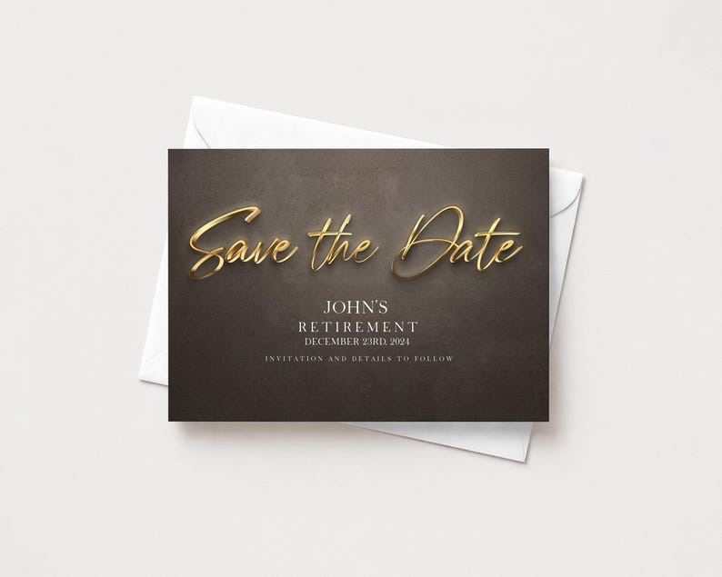 A black and white invitation card with gold text and details about a retirement event.