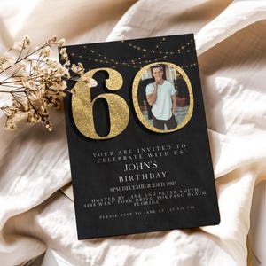 Faire-part 60e anniversaire avec photo modifiable Faire-part 60e anniversaire noir Simple et élégant pour lui ou pour elle Téléchargement immédiat Imprimable