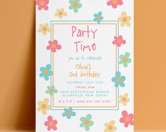 3rd Third Birthday Invitation Template, Daisy Flower Editable Invite, Pastel Digital Download, Kids Printable Card