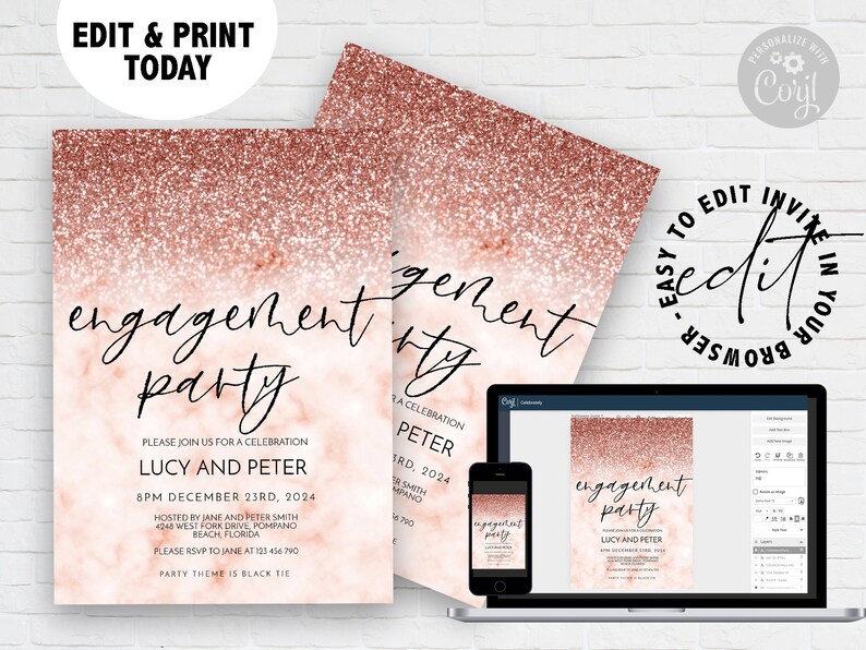 Engagement Party Invitation Rose Gold Glitter marble Invitation Wedding Announcement Invite Editable Template Instant Download image 2