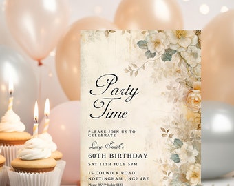 60th Birthday Party For Her Invite Vintage Birthday Invitation Printable  Editable Template Watercolour Neutral Instant Download