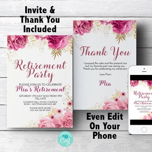 Bearbeitbare Ruhestandseinladung und Danke Rosa und Goldblumen Ruhestandseinladung Blumenruhestands-Einladungskarte 0042 Sofortiger Download