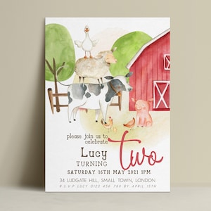 May include: A birthday invitation card featuring a watercolor illustration of a white goose, a sheep, a cow, a pig, and two chickens near a red barn. Text reads: please join us to celebrate Lucy TURNING two SATURDAY 16TH MAY 2021 1PM 34 LUDGATE HILL, SMALL TOWN, LONDON R.S.V.P LUCY 0123 456 789 BY APRIL 15TH