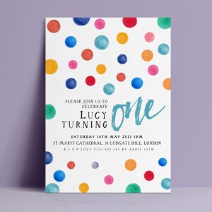 1st Birthday Editable Invitation: Multi Coloured Polka Dot Theme, Digital Format (5x7 Inches, Corjl Template)