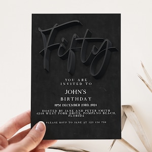 50th Birthday Invitation Editable 50th invite Black invitation Simple Elegant For Him or Her  Instant Download Printable SE19