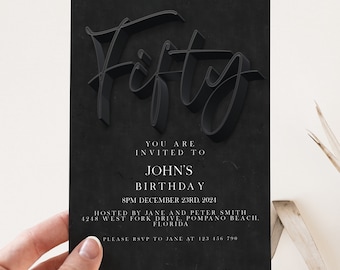 50th Birthday Invitation Editable 50th invite Black invitation Simple Elegant For Him or Her  Instant Download Printable SE19